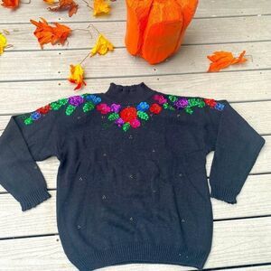 Vintage Holiday Sequined Ugly Christmas Gaudy Sweater Medium Woman’s Black